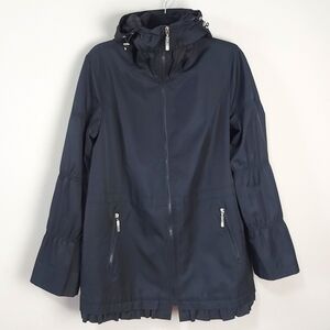 Betsey Johnson Women Hooded Jacket Large Black Zip Up Lined Ruffle Hem Mock Neck